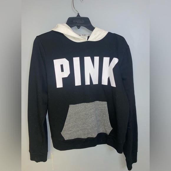 Victoria’s Secret PINK Logo Color Block Sweatshirt Hoodie Black And Grey - Picture 1 of 3